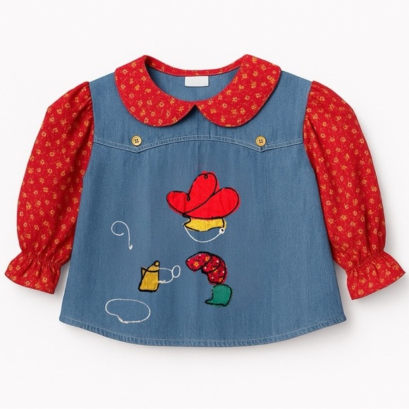 Vintage Other - Denim Shirt With Red Sleeves and Western Appliqué